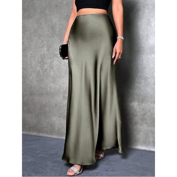 Satin maxi skirt long minimalist luxe classy maroon burgundy red - Picture 2 of 10